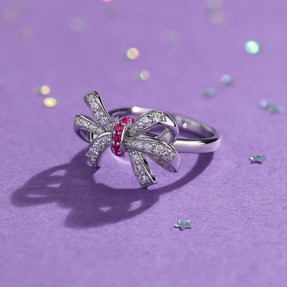 Round Cut Fancy Pink Sterling Silver Bow Knot Women's Ring