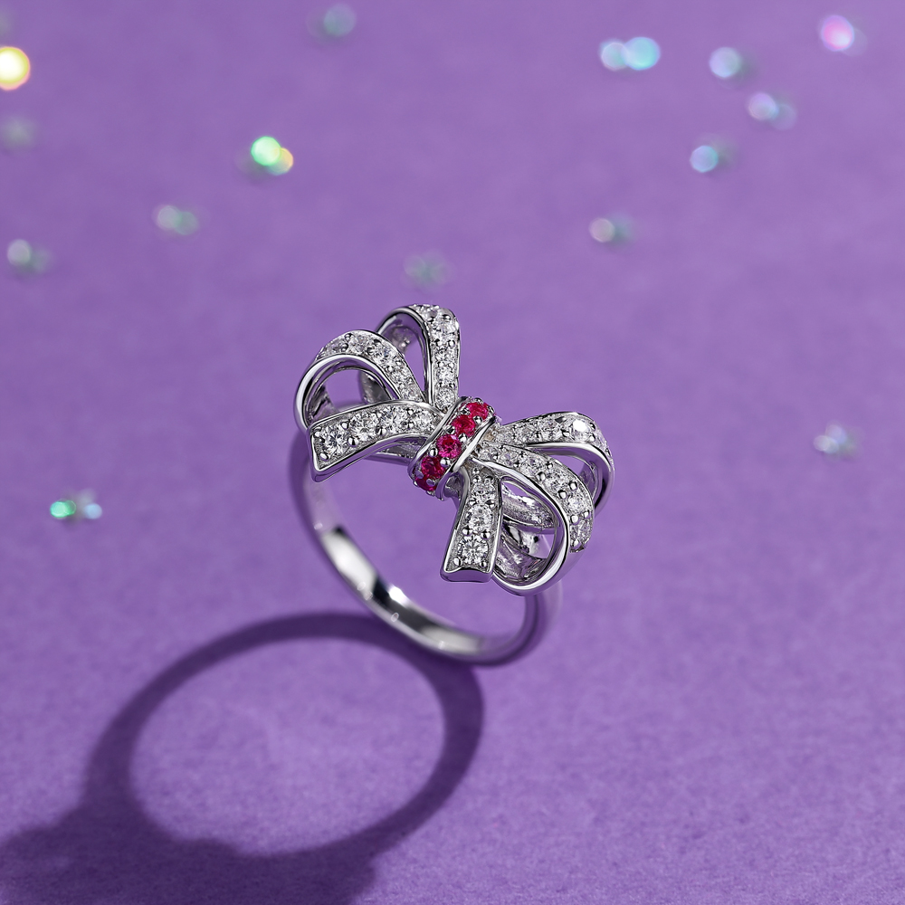Round Cut Fancy Pink Sterling Silver Bow Knot Women's Ring