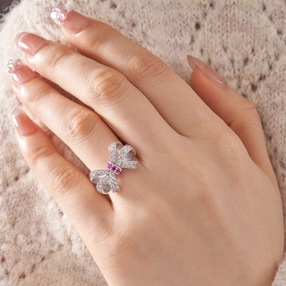 Round Cut Fancy Pink Sterling Silver Bow Knot Women's Ring