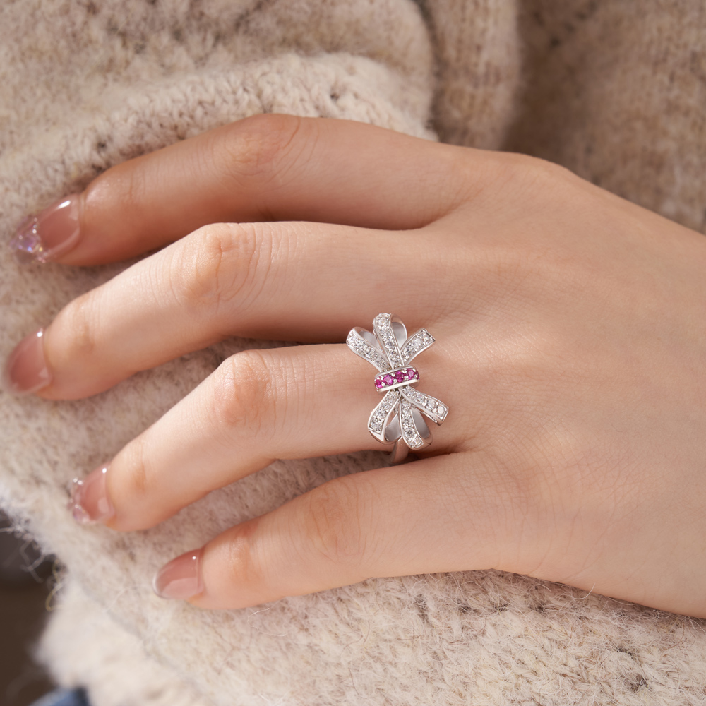 Round Cut Fancy Pink Sterling Silver Bow Knot Women's Ring