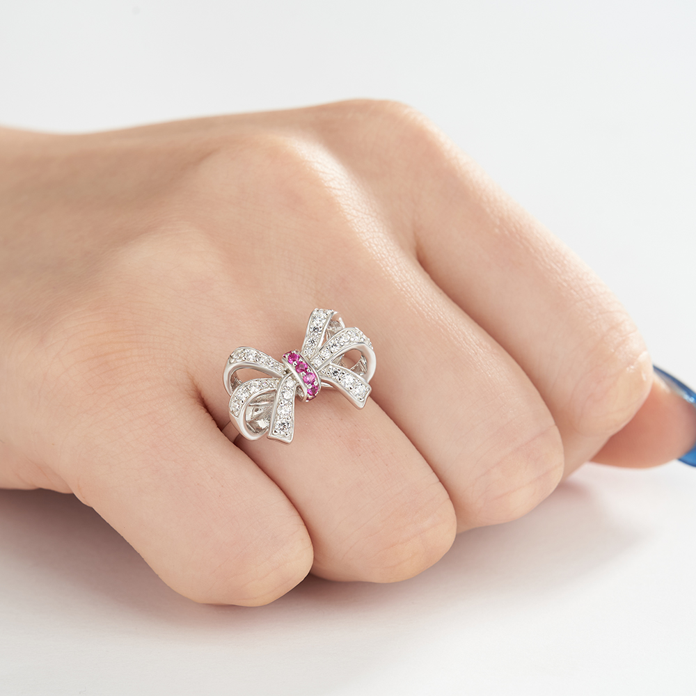 Round Cut Fancy Pink Sterling Silver Bow Knot Women's Ring