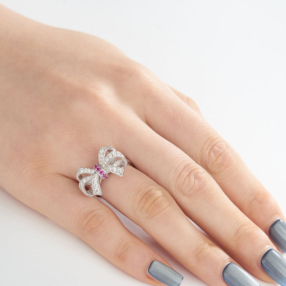 Round Cut Fancy Pink Sterling Silver Bow Knot Women's Ring