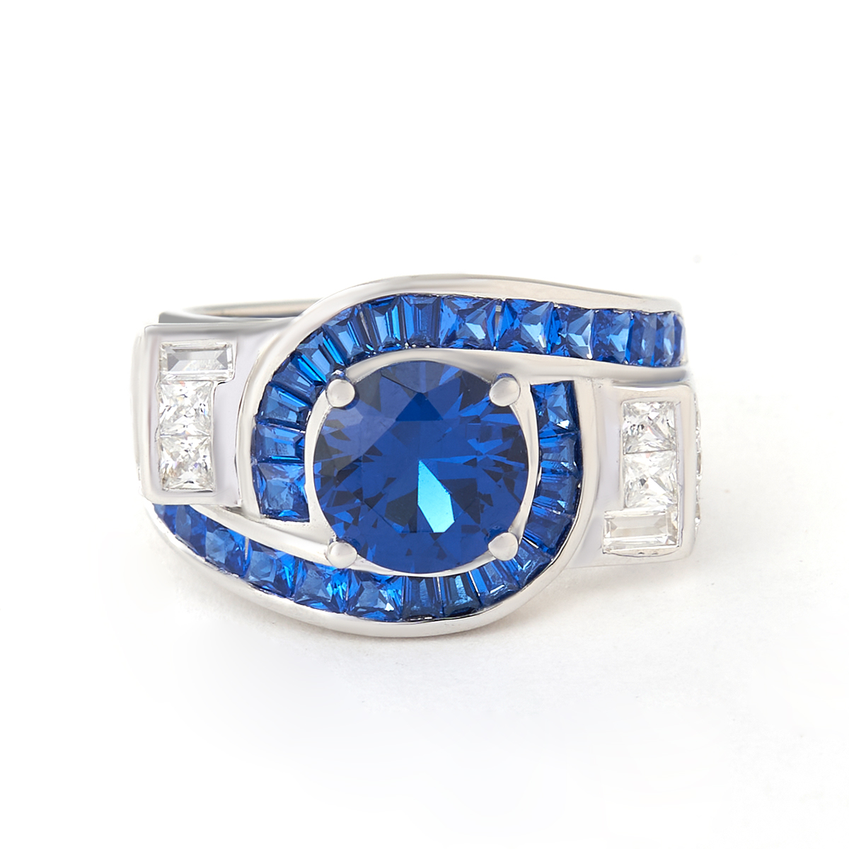 Round Cut Sapphire Blue Sterling Silver Art Deco Engagement Ring