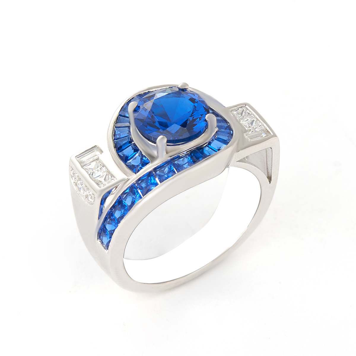 Round Cut Sapphire Blue Sterling Silver Art Deco Engagement Ring