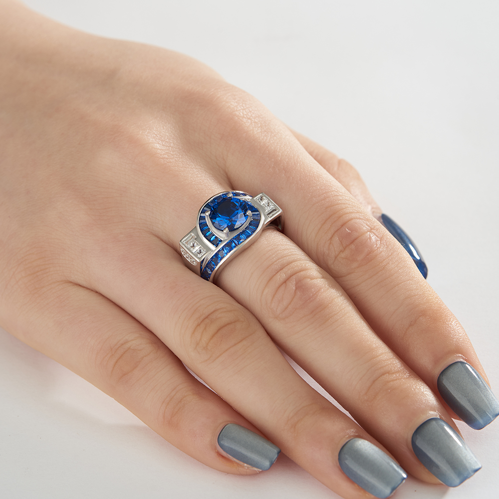 Round Cut Sapphire Blue Sterling Silver Art Deco Engagement Ring
