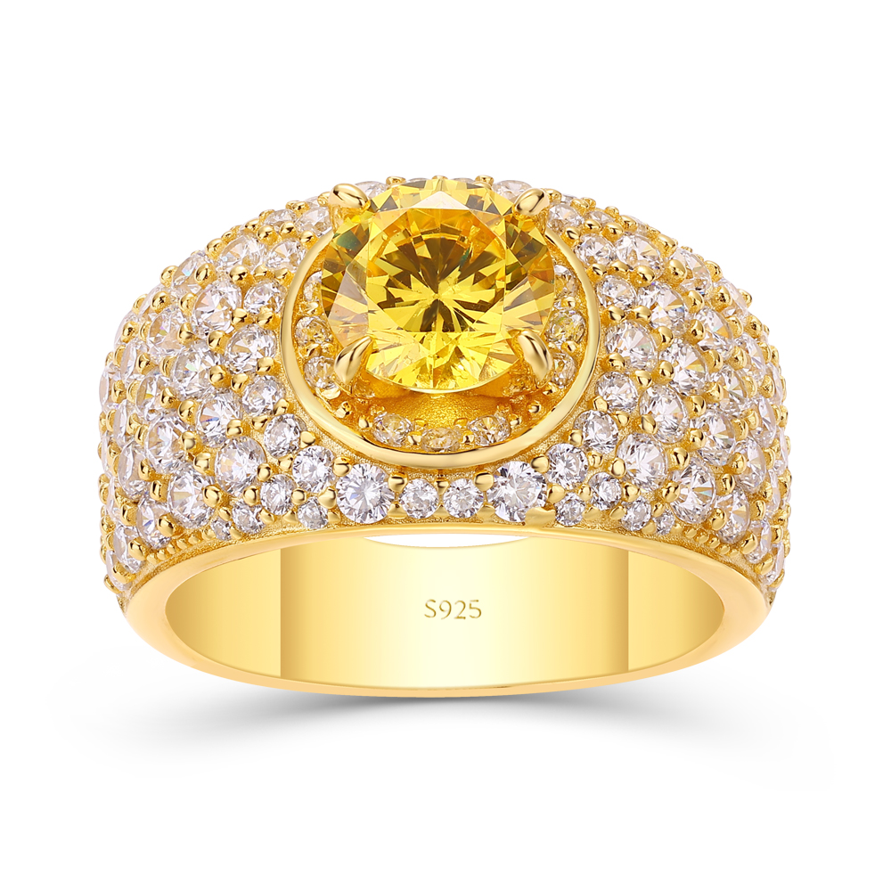 Round Cut Citrine Yellow 925 Sterling Silver Yellow Gold Halo Engagement Ring