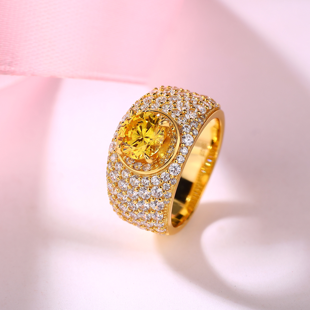 Round Cut Citrine Yellow 925 Sterling Silver Yellow Gold Halo Engagement Ring