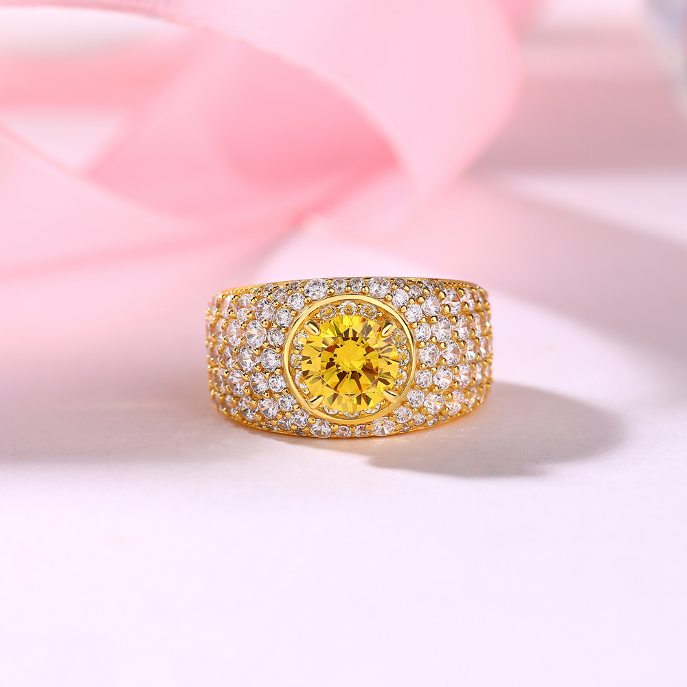 Round Cut Citrine Yellow 925 Sterling Silver Yellow Gold Halo Engagement Ring