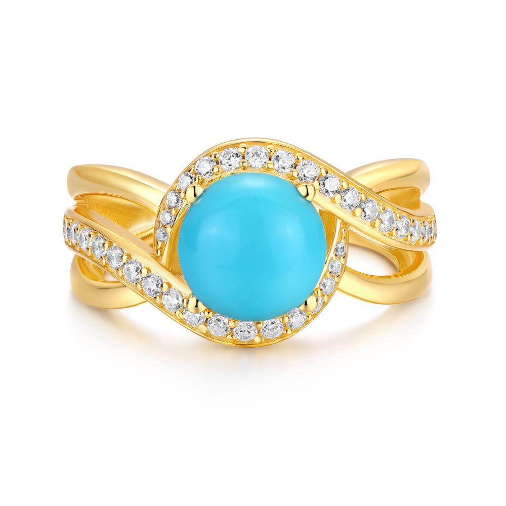 Round Cut Turquoise 925 Sterling Silver Yellow Gold Intertwined Engagement Ring
