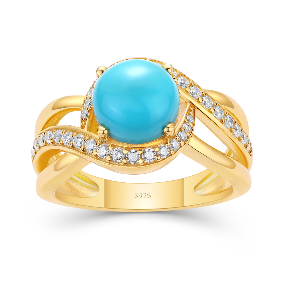 Round Cut Turquoise 925 Sterling Silver Yellow Gold Intertwined Engagement Ring