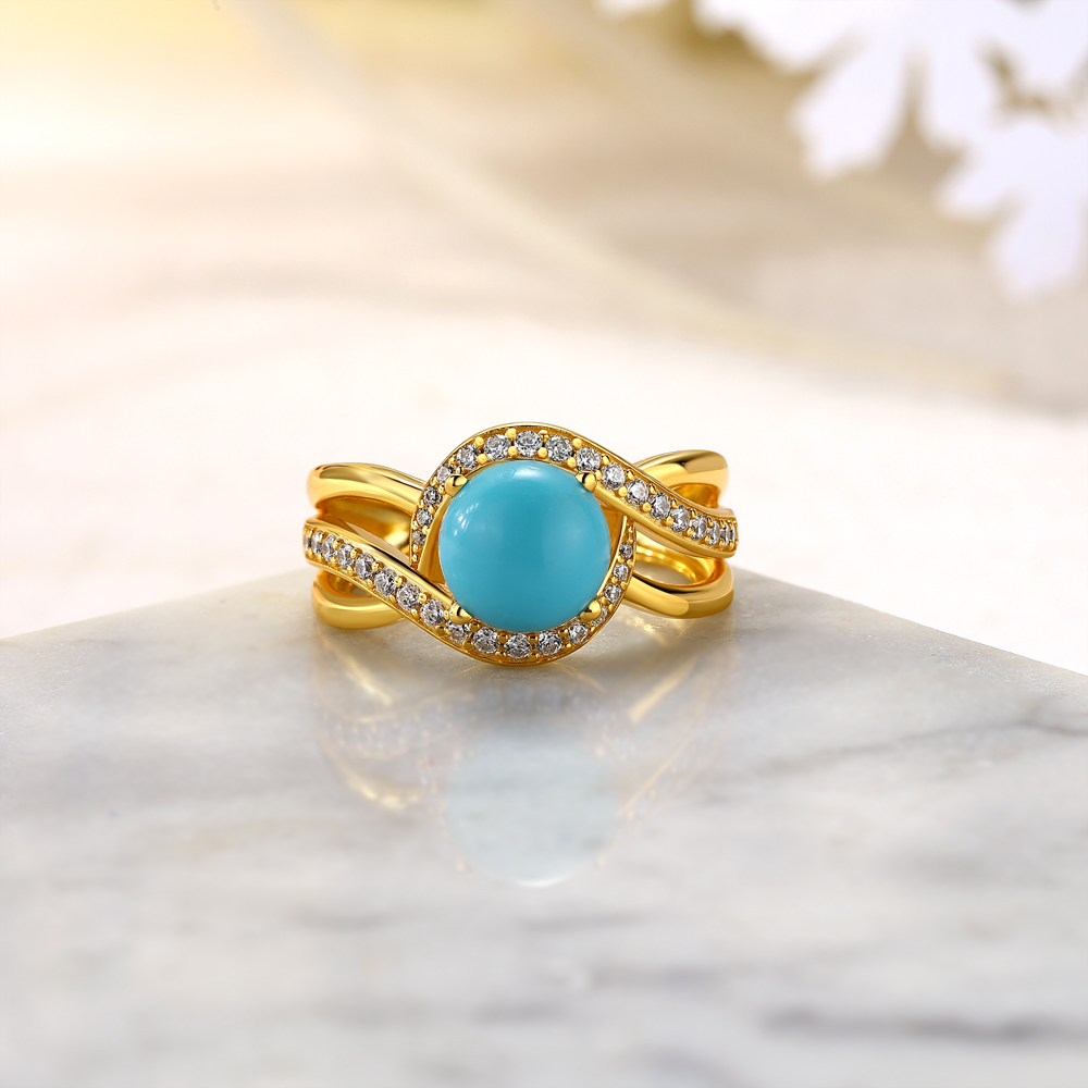 Round Cut Turquoise 925 Sterling Silver Yellow Gold Intertwined Engagement Ring