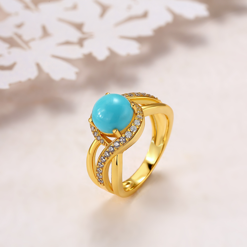 Round Cut Turquoise 925 Sterling Silver Yellow Gold Intertwined Engagement Ring