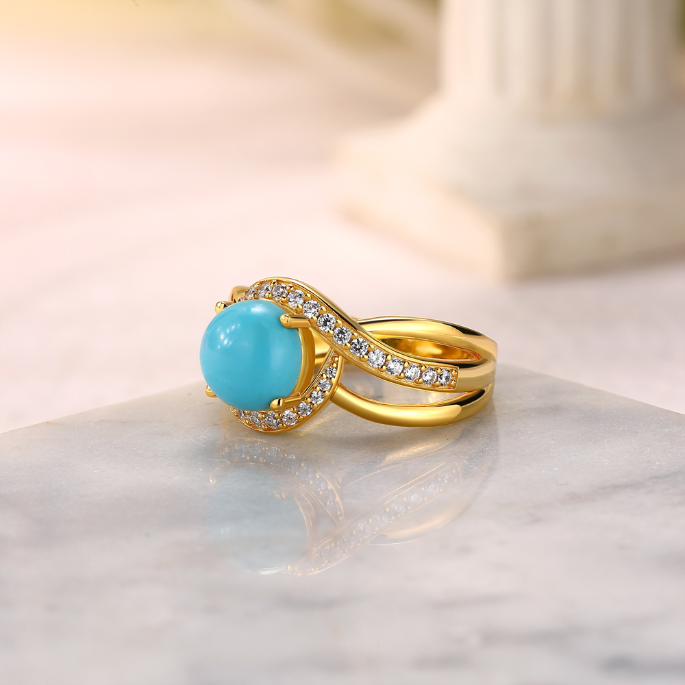 Round Cut Turquoise 925 Sterling Silver Yellow Gold Intertwined Engagement Ring