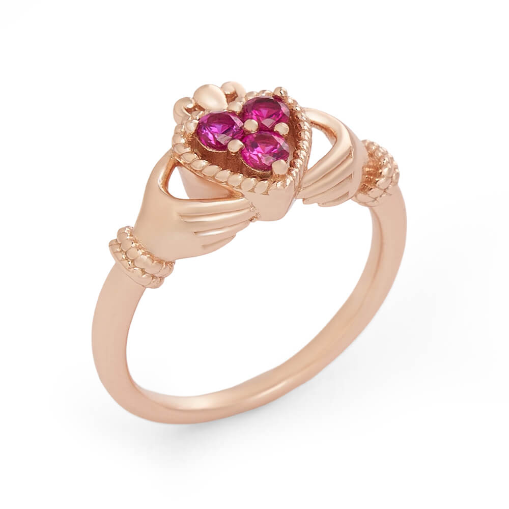 Round Cut Ruby Red 925 Sterling Silver Rose Gold 3-stone Claddagh Ring