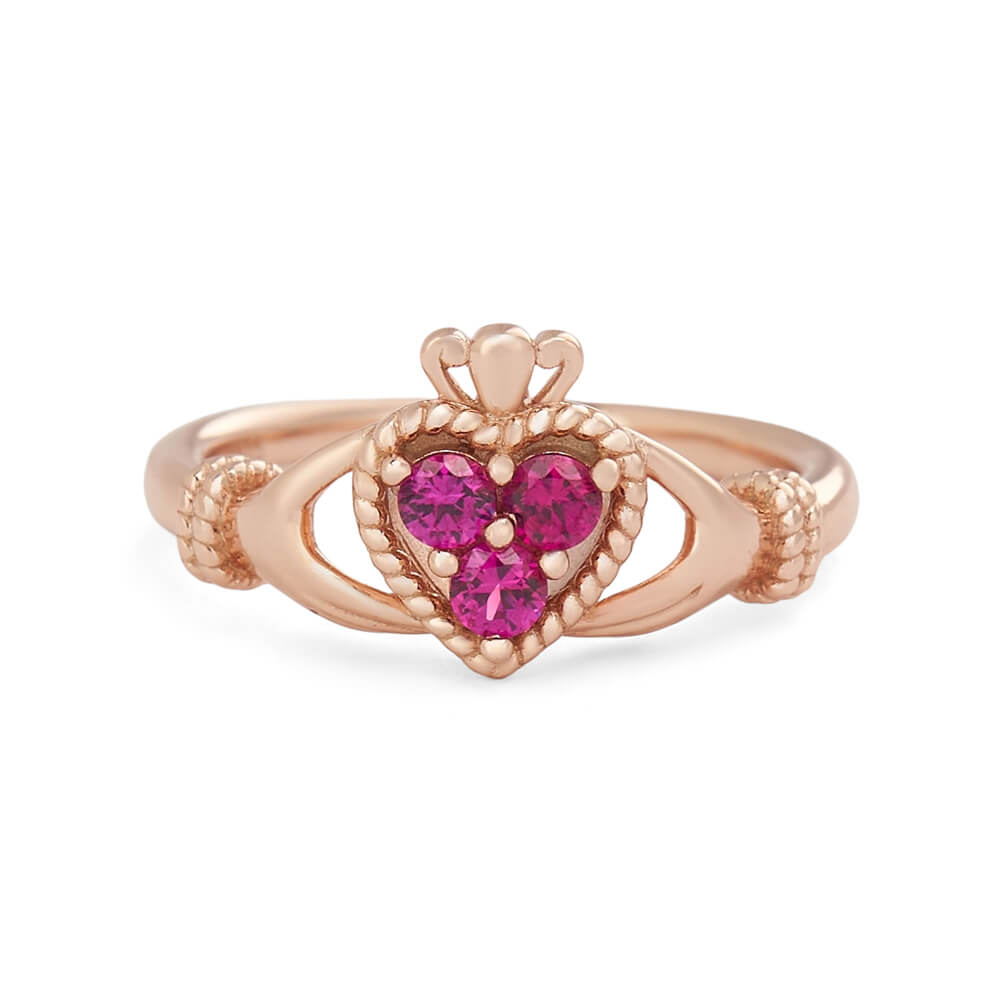 Round Cut Ruby Red 925 Sterling Silver Rose Gold 3-stone Claddagh Ring