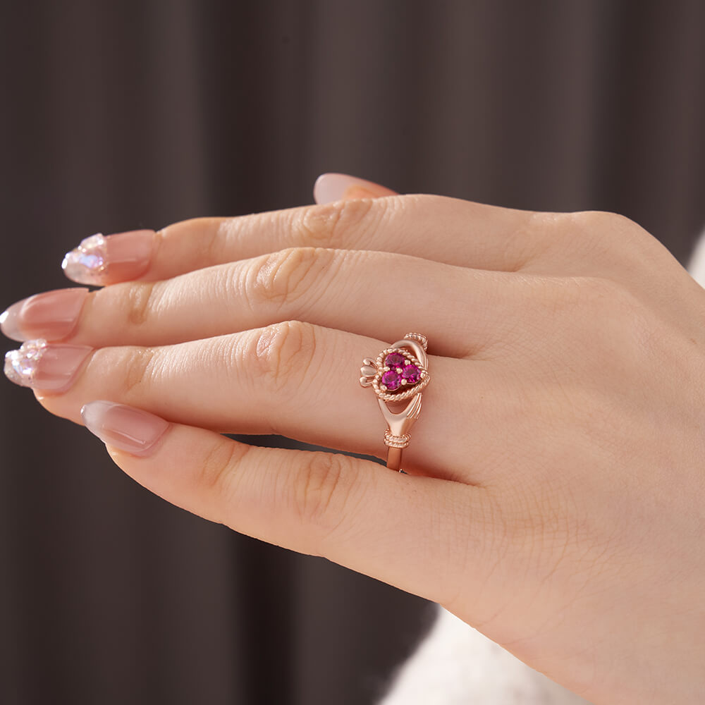 Round Cut Ruby Red 925 Sterling Silver Rose Gold 3-stone Claddagh Ring