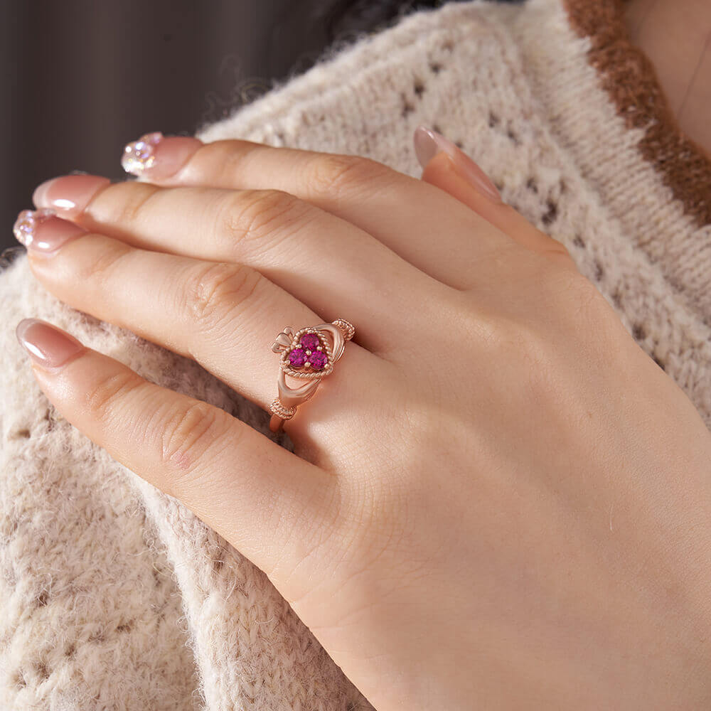 Round Cut Ruby Red 925 Sterling Silver Rose Gold 3-stone Claddagh Ring