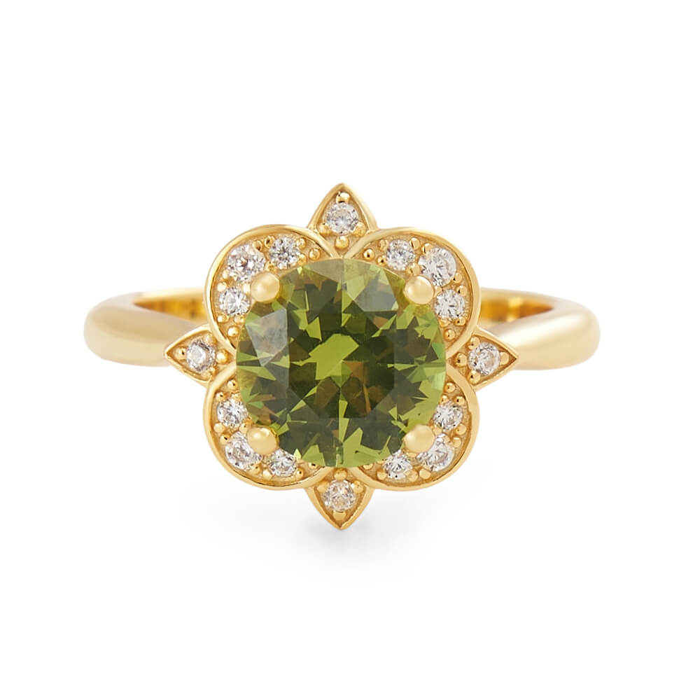 Round Cut Peridot Green 925 Sterling Silver Yellow Gold Floral Halo Engagement Ring