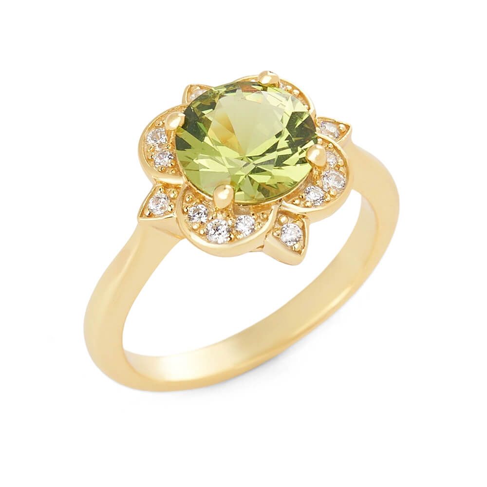 Round Cut Peridot Green 925 Sterling Silver Yellow Gold Floral Halo Engagement Ring