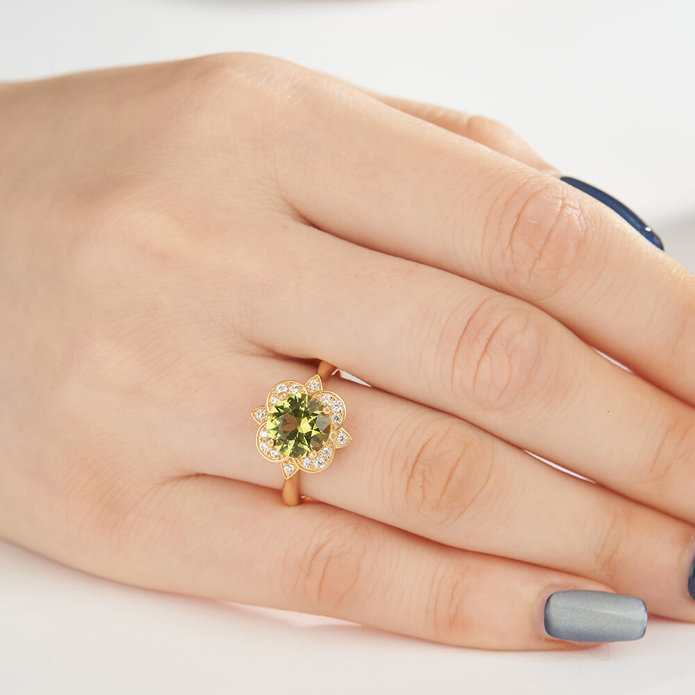 Round Cut Peridot Green 925 Sterling Silver Yellow Gold Floral Halo Engagement Ring
