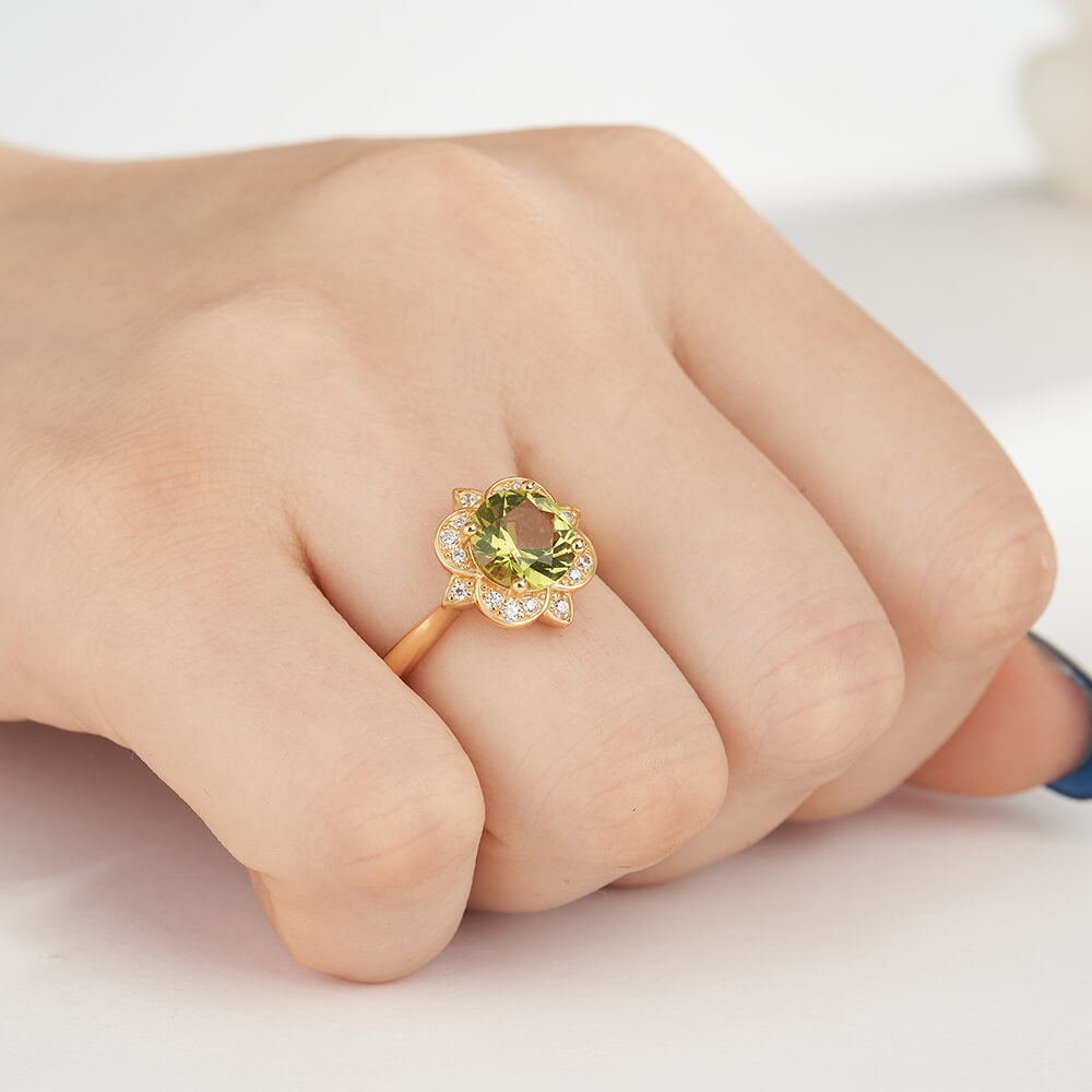 Round Cut Peridot Green 925 Sterling Silver Yellow Gold Floral Halo Engagement Ring