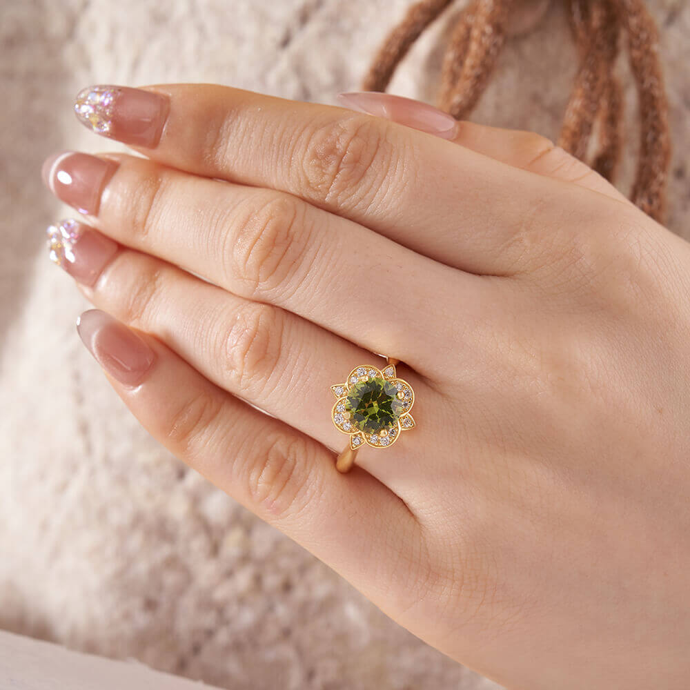 Round Cut Peridot Green 925 Sterling Silver Yellow Gold Floral Halo Engagement Ring