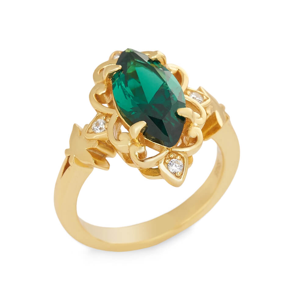 Marquise Cut Emerald Green 925 Sterling Silver Yellow Gold Scrollwork Engagement Ring