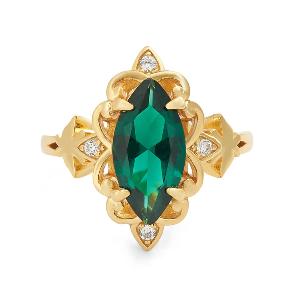 Marquise Cut Emerald Green 925 Sterling Silver Yellow Gold Scrollwork Engagement Ring