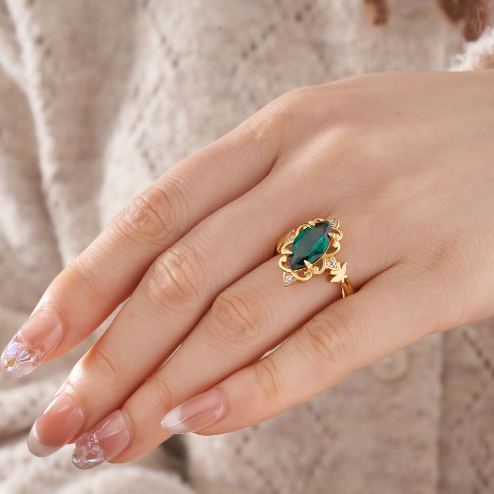 Marquise Cut Emerald Green 925 Sterling Silver Yellow Gold Scrollwork Engagement Ring