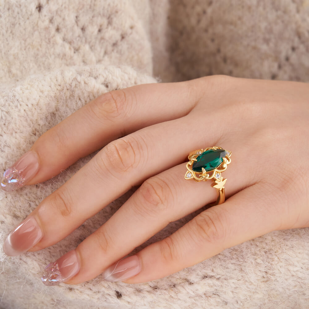 Marquise Cut Emerald Green 925 Sterling Silver Yellow Gold Scrollwork Engagement Ring