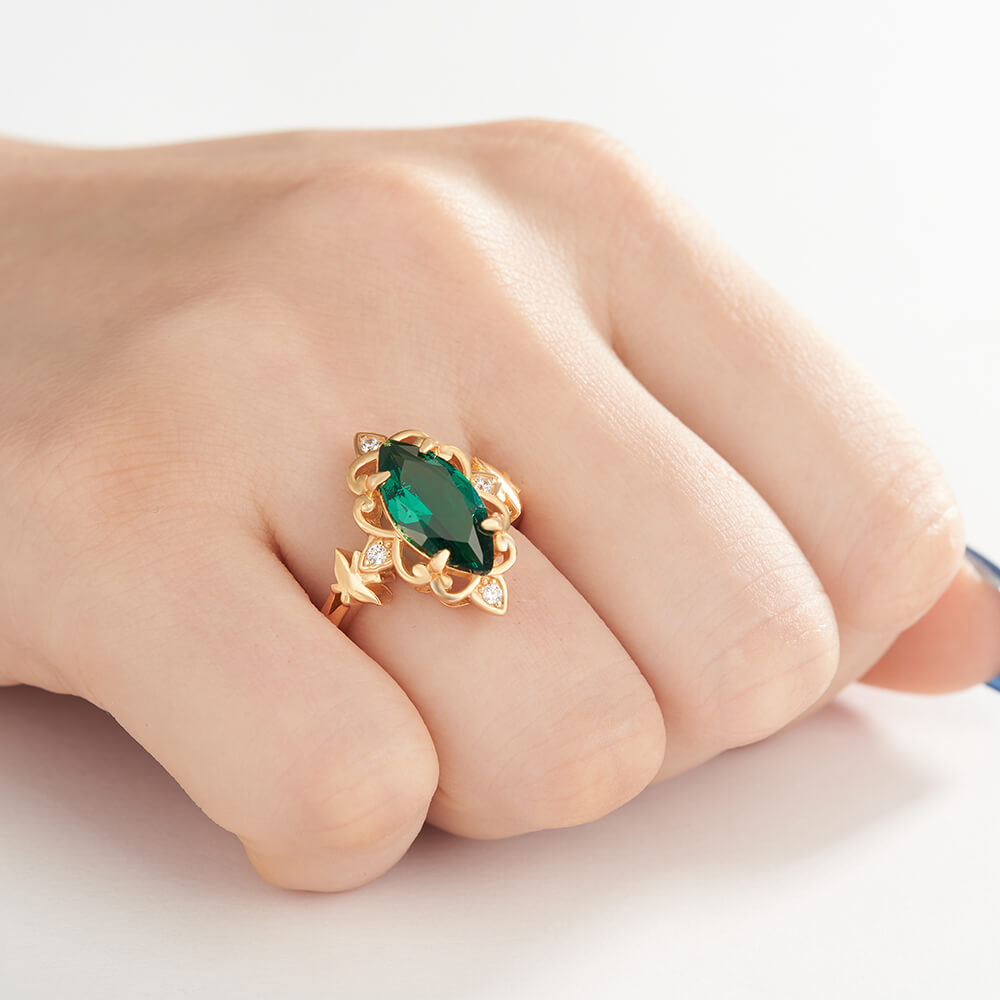 Marquise Cut Emerald Green 925 Sterling Silver Yellow Gold Scrollwork Engagement Ring