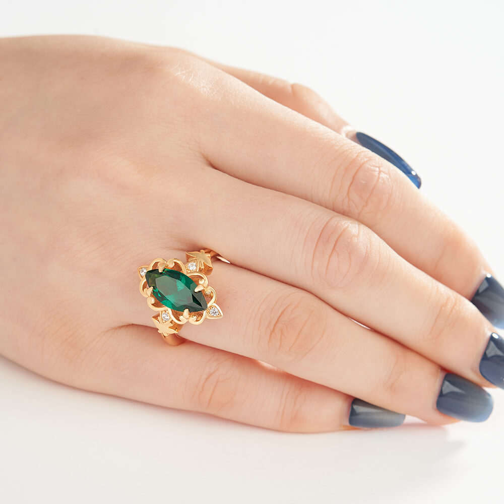 Marquise Cut Emerald Green 925 Sterling Silver Yellow Gold Scrollwork Engagement Ring