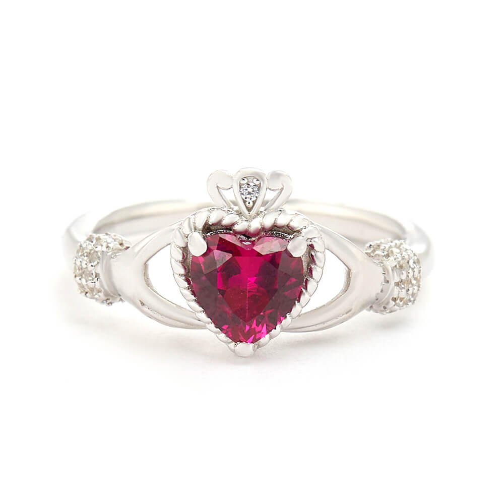 Heart Cut Ruby Red 925 Sterling Silver Claddagh Ring