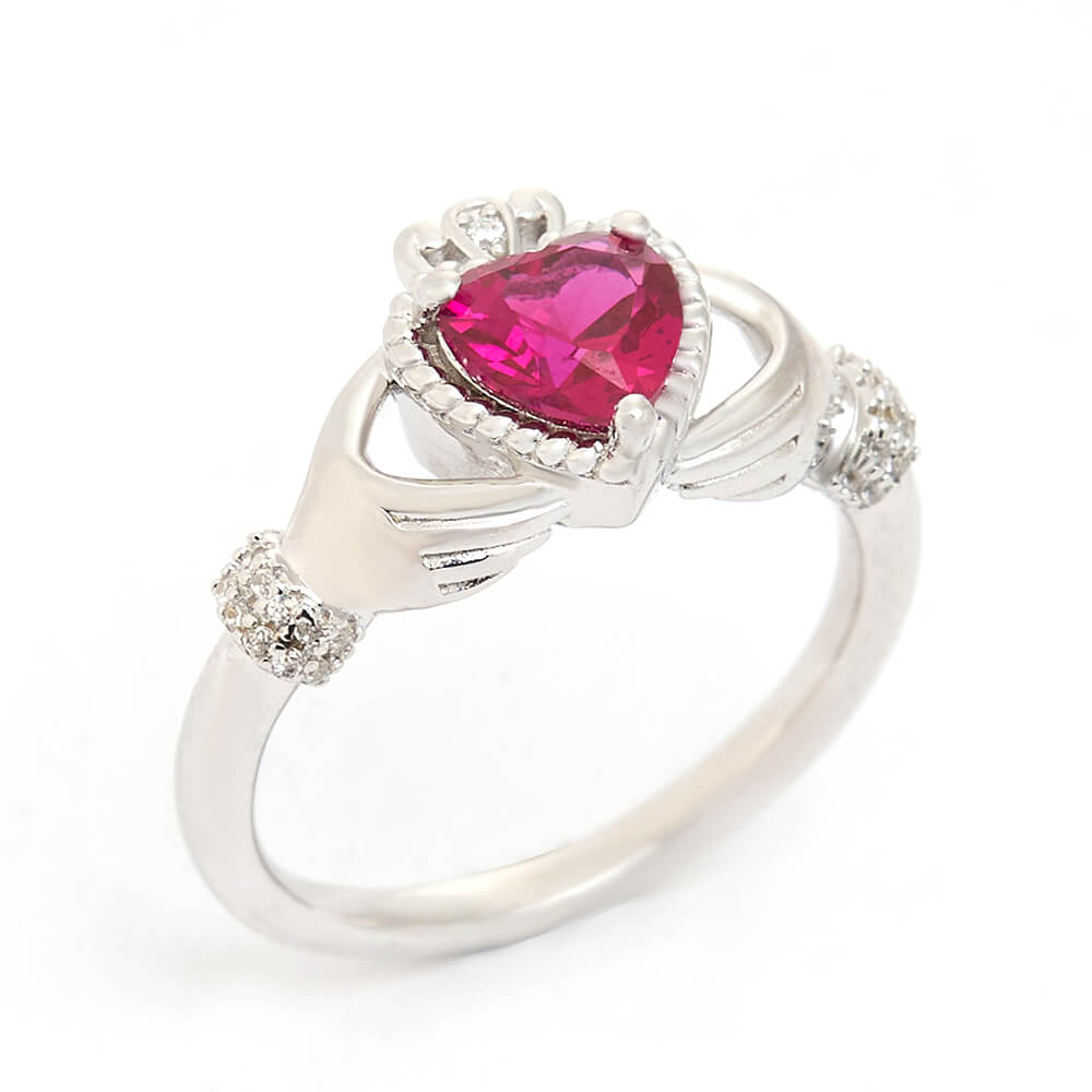 Heart Cut Ruby Red 925 Sterling Silver Claddagh Ring