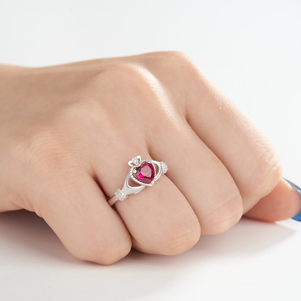 Heart Cut Ruby Red 925 Sterling Silver Claddagh Ring