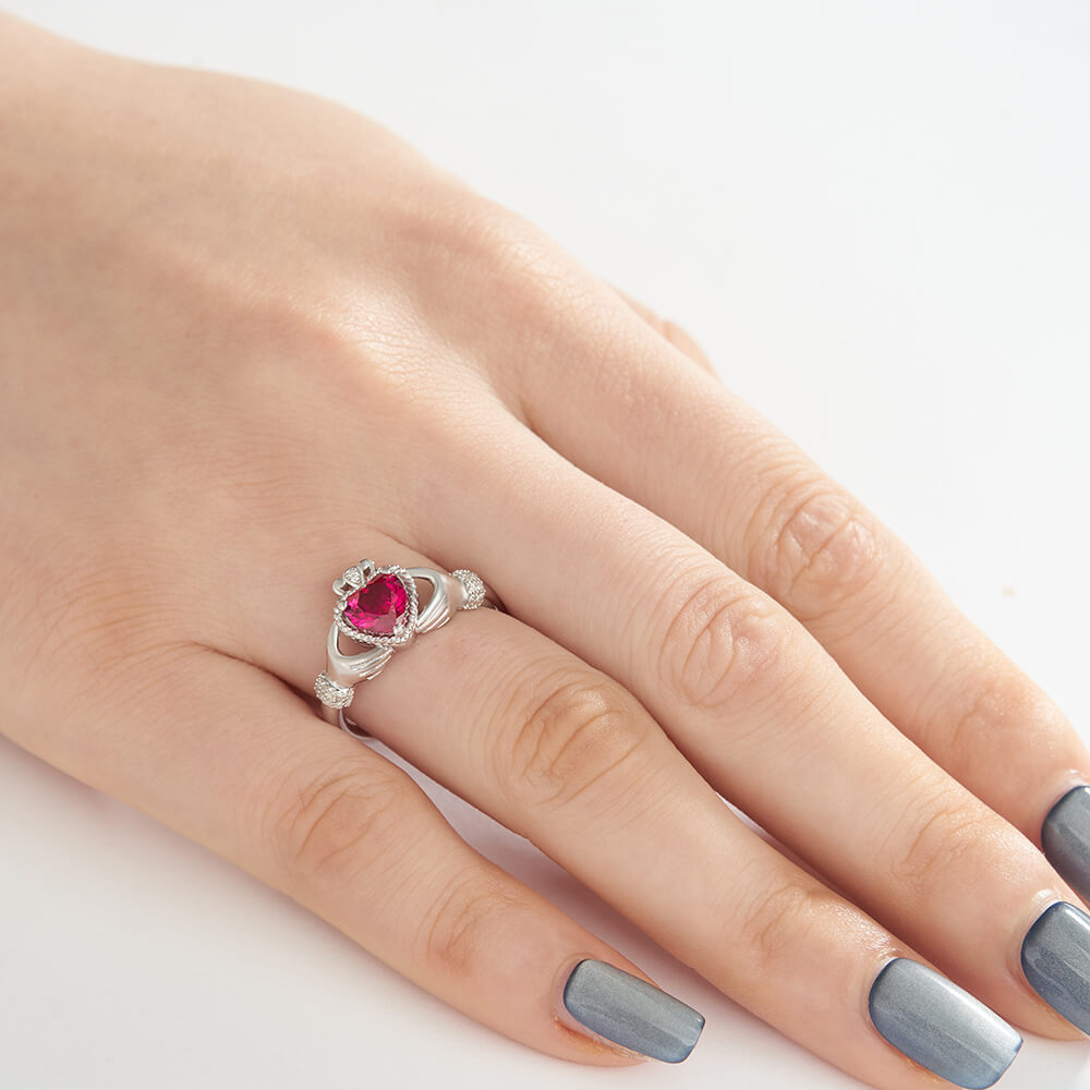 Heart Cut Ruby Red 925 Sterling Silver Claddagh Ring