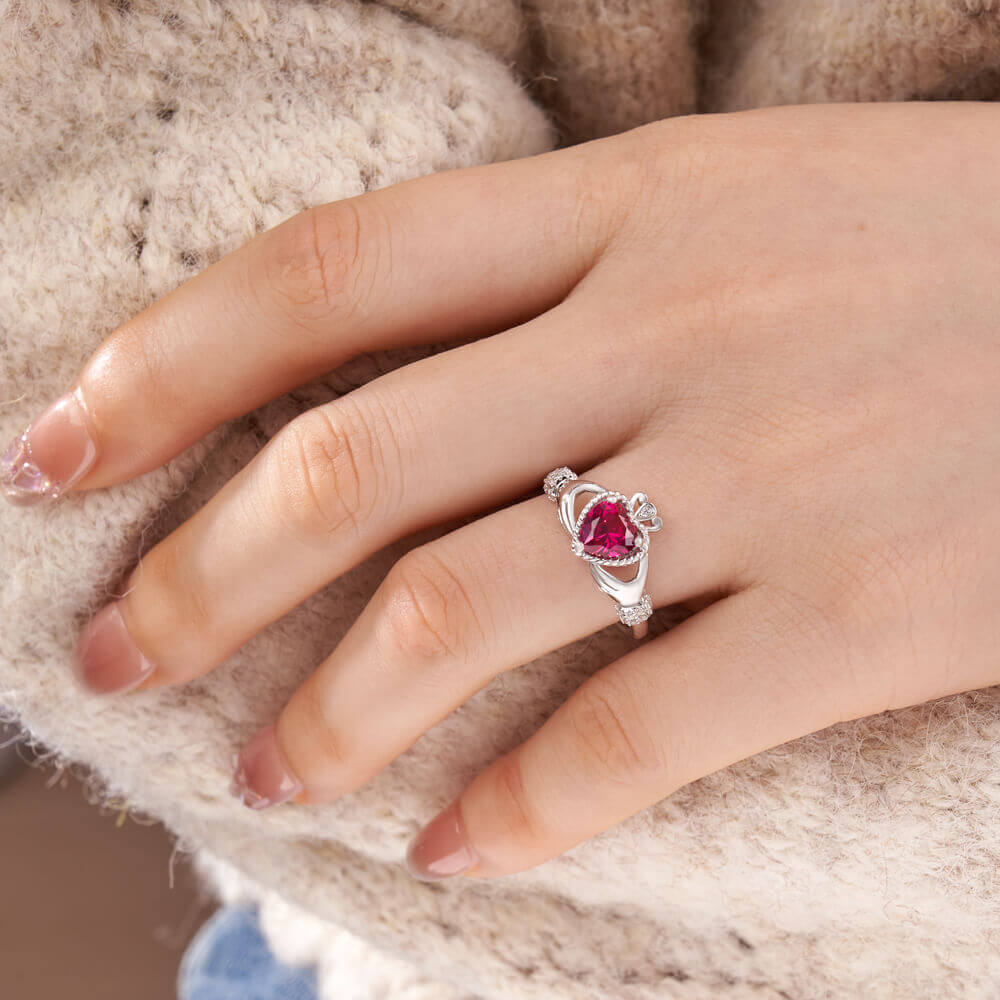 Heart Cut Ruby Red 925 Sterling Silver Claddagh Ring