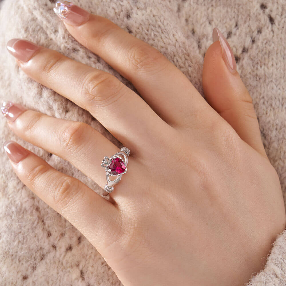Heart Cut Ruby Red 925 Sterling Silver Claddagh Ring