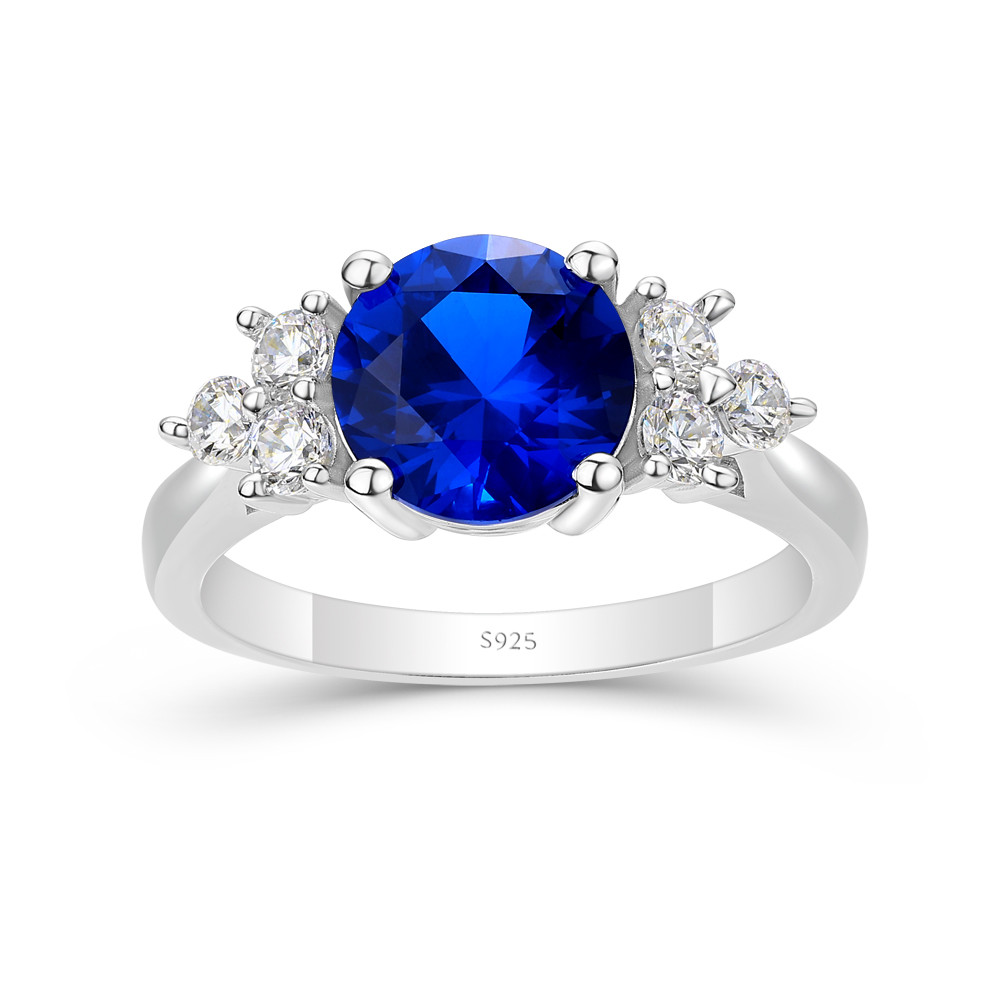 Round Cut Sapphire Blue 925 Sterling Silver Cluster Engagement Ring