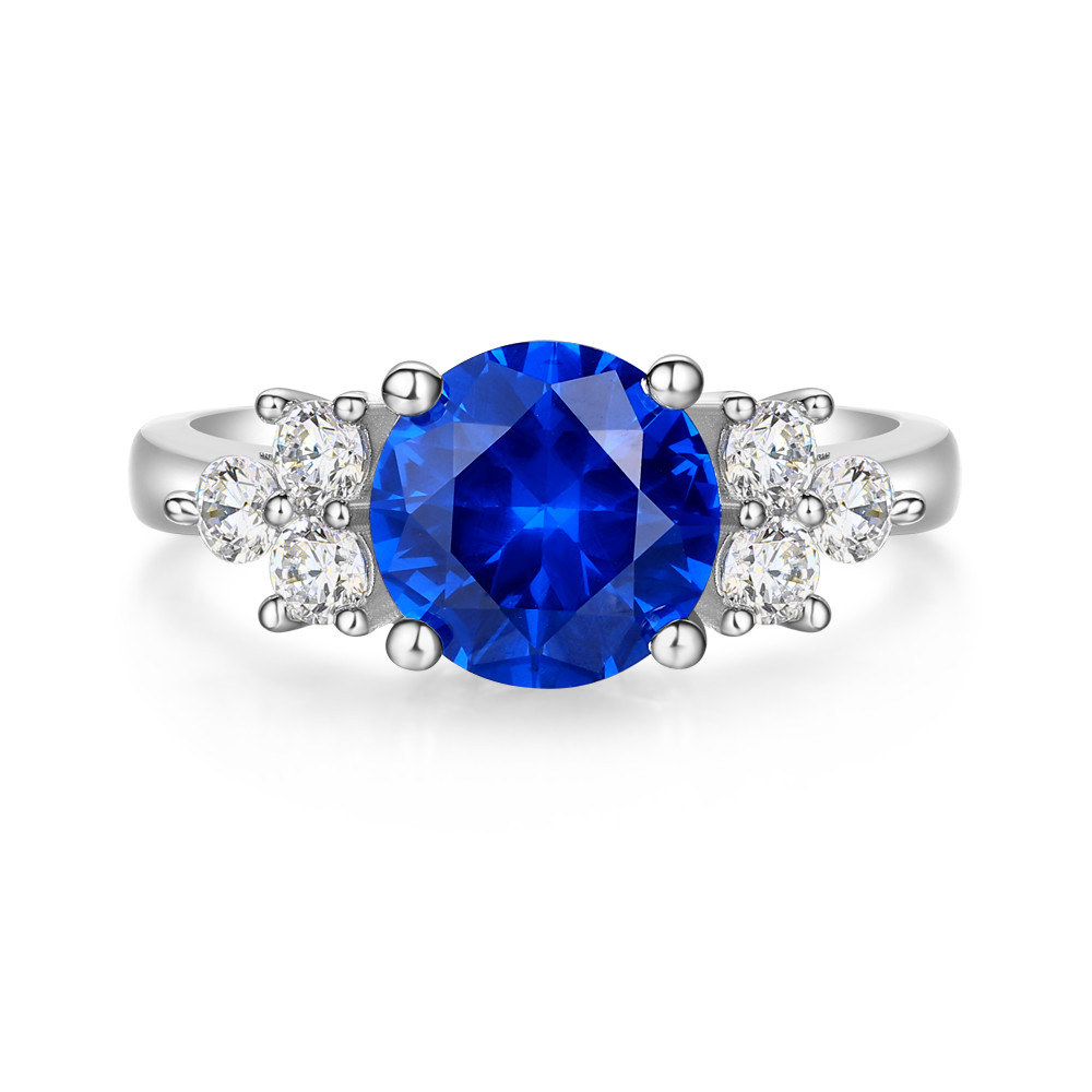 Round Cut Sapphire Blue 925 Sterling Silver Cluster Engagement Ring
