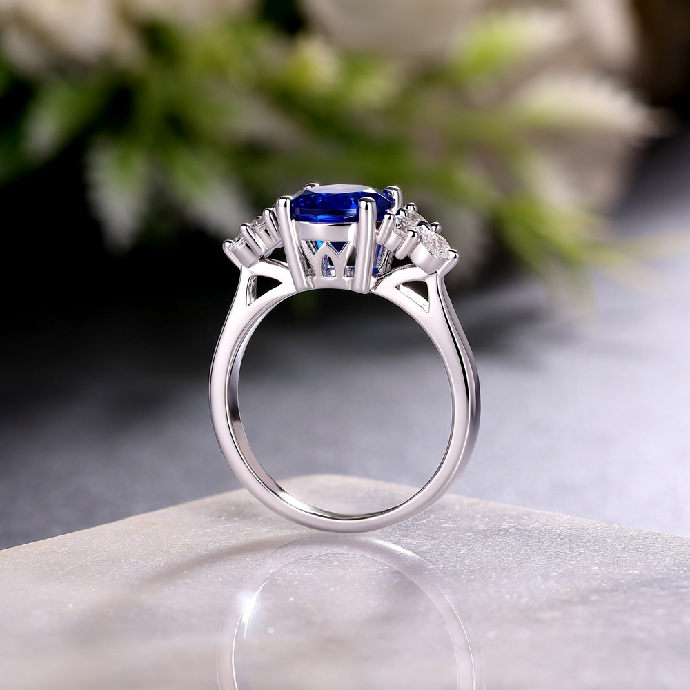 Round Cut Sapphire Blue 925 Sterling Silver Cluster Engagement Ring