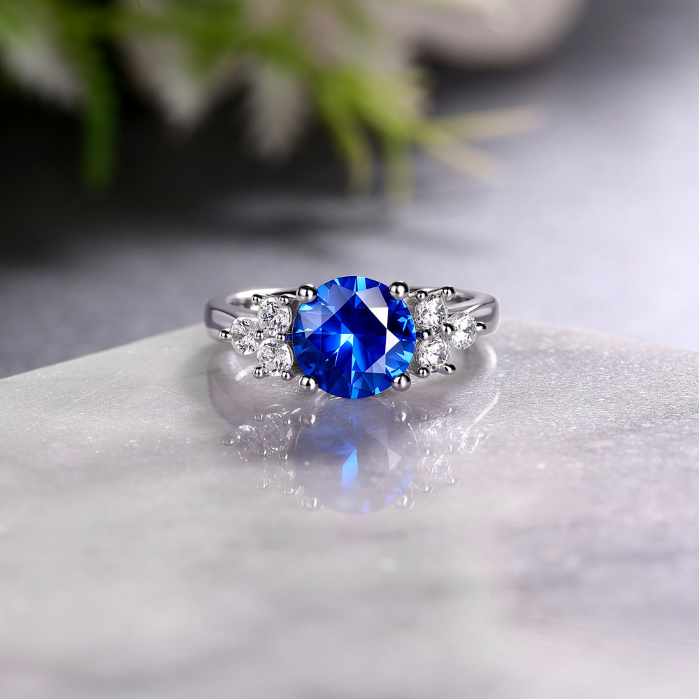 Round Cut Sapphire Blue 925 Sterling Silver Cluster Engagement Ring