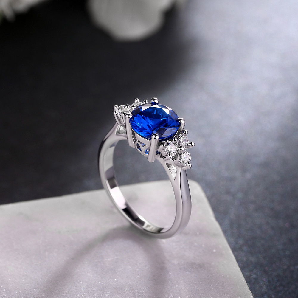 Round Cut Sapphire Blue 925 Sterling Silver Cluster Engagement Ring
