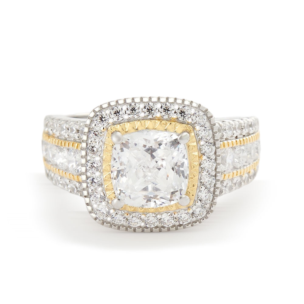 Cushion Cut Diamond White Sterling Silver Two-tone Halo Engagement Ring