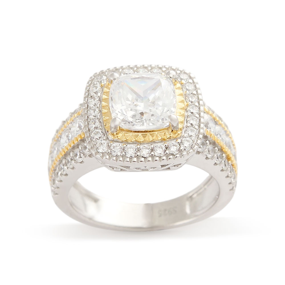Cushion Cut Diamond White Sterling Silver Two-tone Halo Engagement Ring