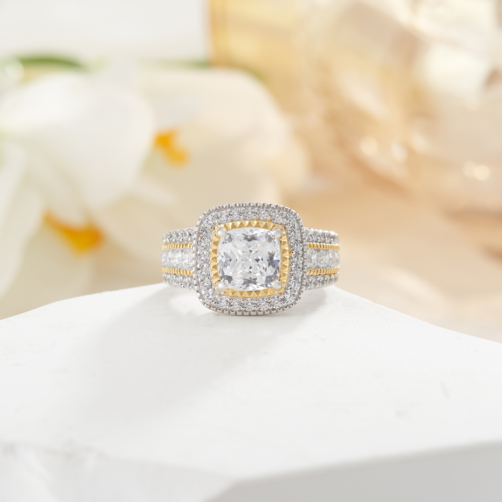 Cushion Cut Diamond White Sterling Silver Two-tone Halo Engagement Ring
