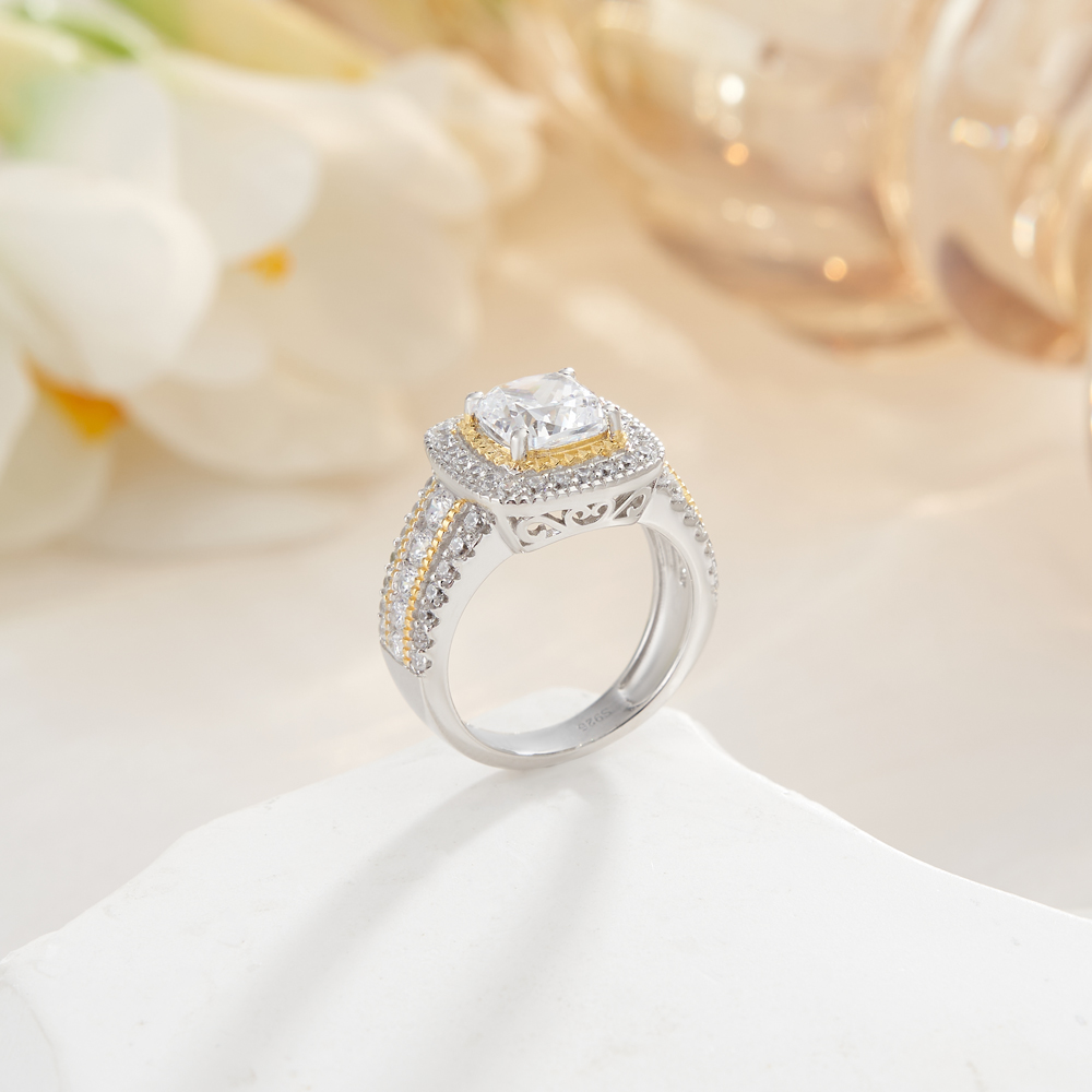 Cushion Cut Diamond White Sterling Silver Two-tone Halo Engagement Ring