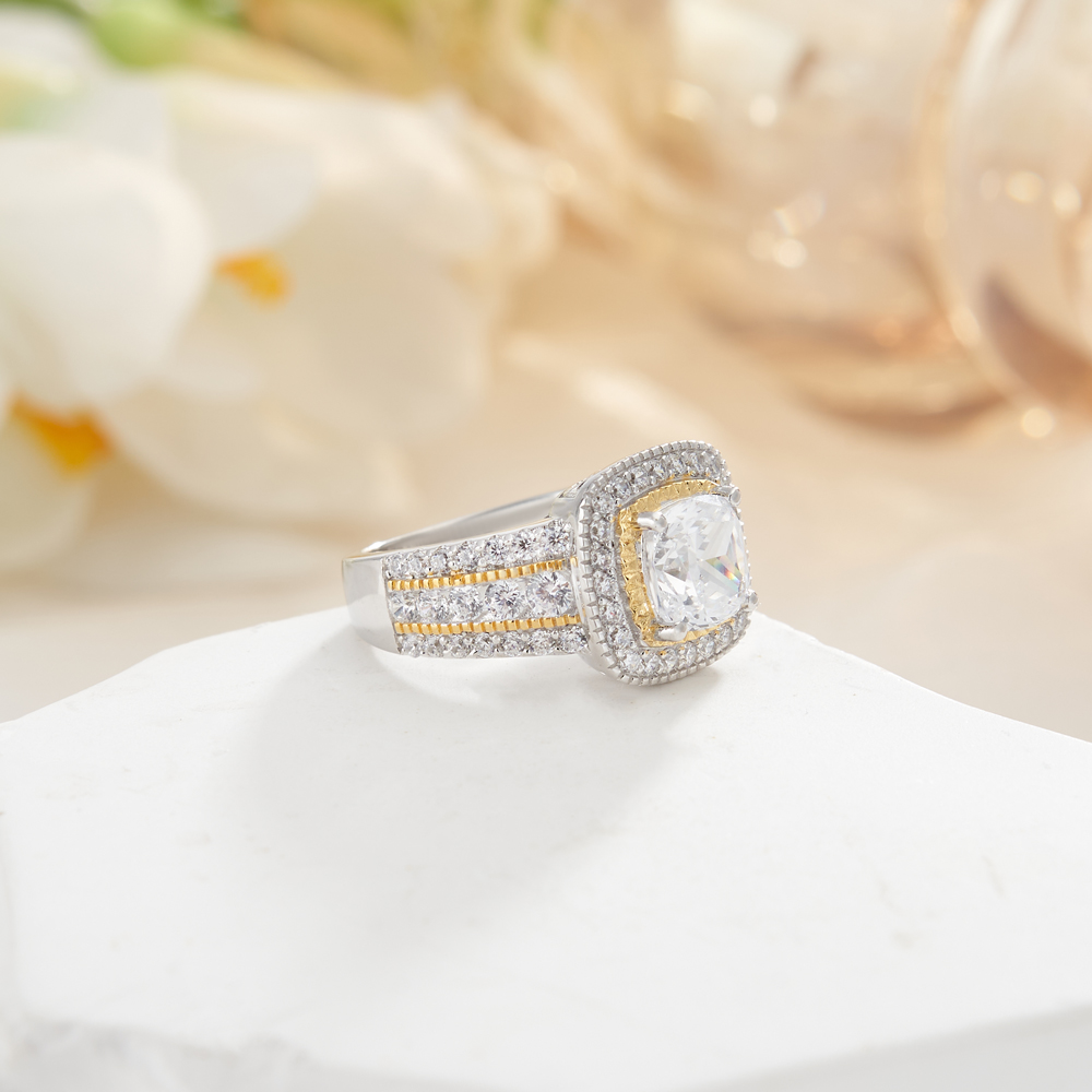 Cushion Cut Diamond White Sterling Silver Two-tone Halo Engagement Ring