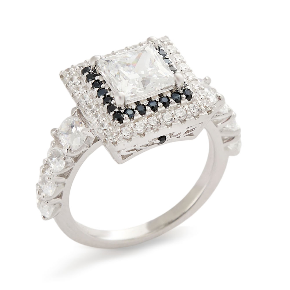 Princess Cut Diamond White and Black Gemstone Sterling Silver Double Halo Engagement Ring