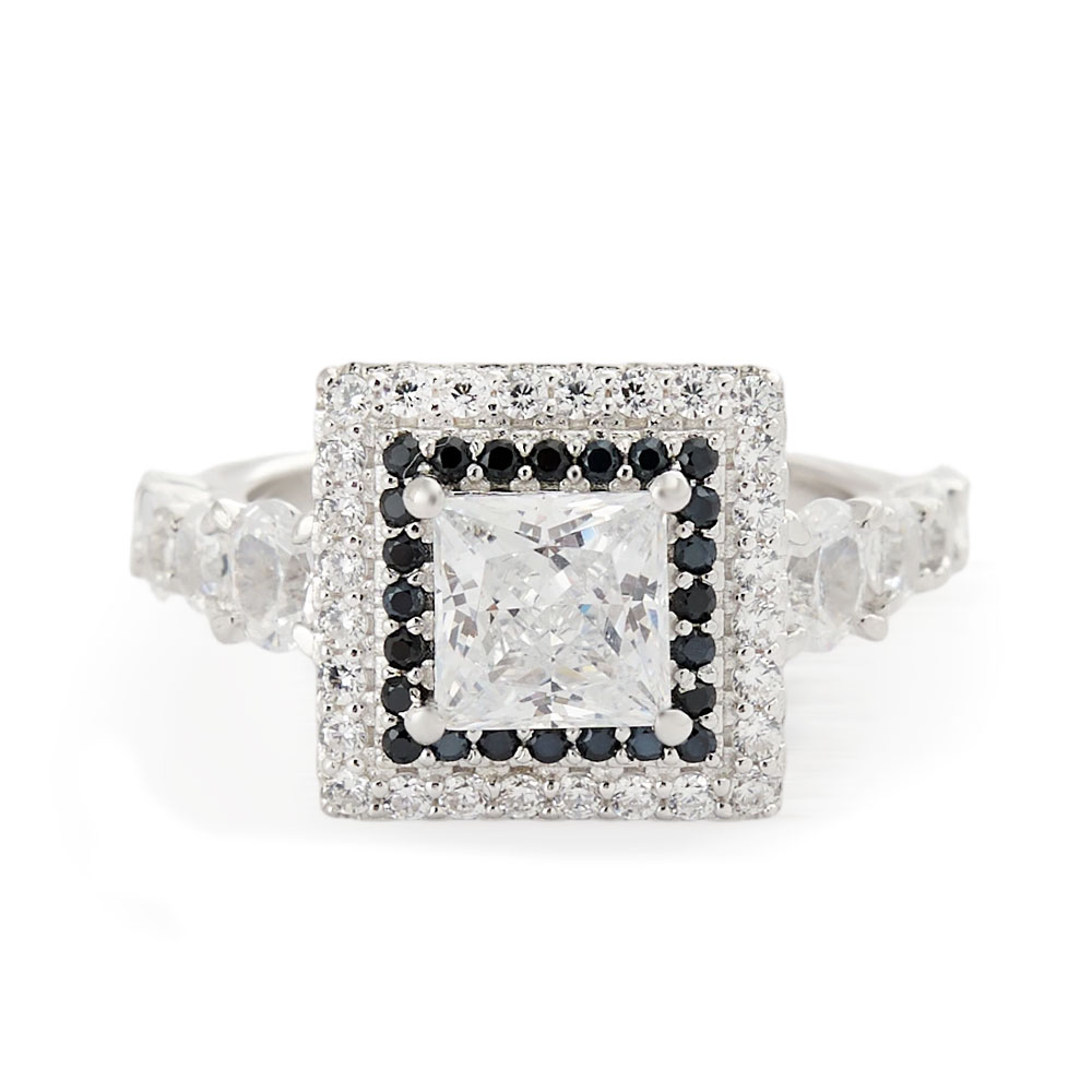 Princess Cut Diamond White and Black Gemstone Sterling Silver Double Halo Engagement Ring